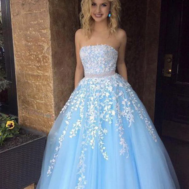 

Великолепная индивидуальный заказ длинный светильник синий без бретелей Кружевная аппликация, Тюлевое платье, платье на выпускной, платья ...