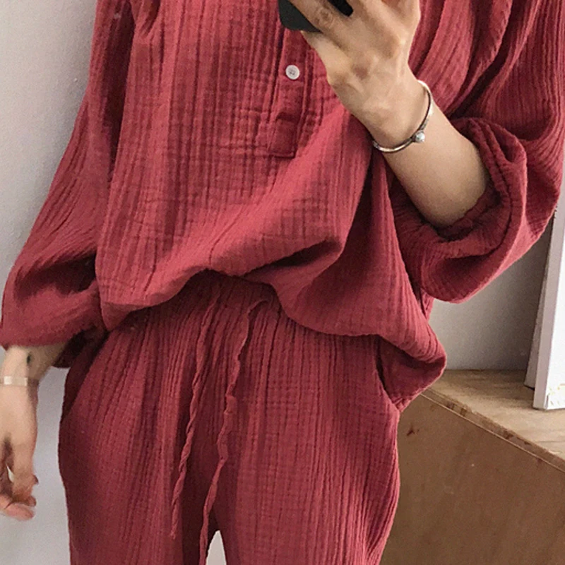 

Breathable spring autumn women red blue pajamas set long sleeve sleepwear contton linen loose sweet drawstring pants sets L261