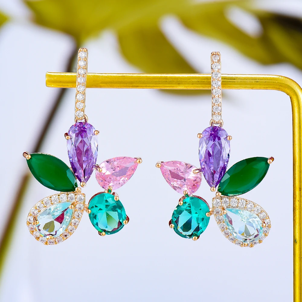 

KellyBola Jewelry Fashion Design Shiny Flower Pendant Earrings Full Cubic Zirconia Ladies Bridal Wedding Party Jewelry 2021