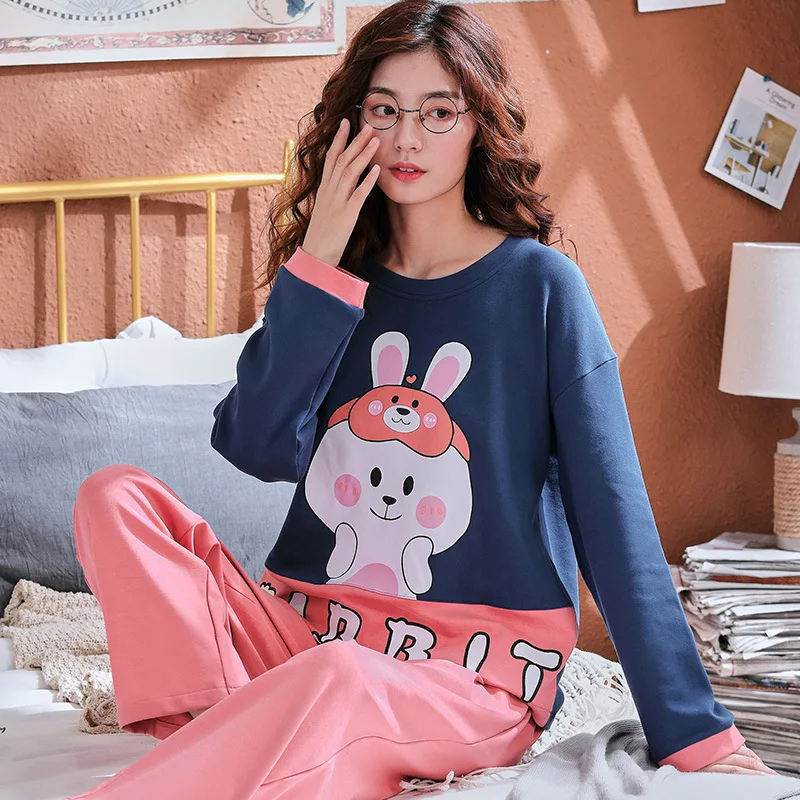 Style 2053 Пижамный комплект, Женский хлопковый весенне-осенний костюм из двух предметов с длинными рукавами, большие размеры, зимние студенческие милые брюки и топ, одежда для сна - Цвет: Style 2053