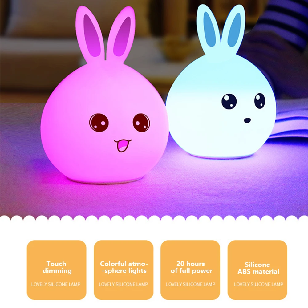 

Silicone LED Night Light Remote Control, Happy Rabbit Warm White Colorful Cute Rabbit Bedroom Bedside Night Light Table Lamp