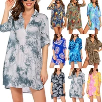 womens fashion beach cover ups short sleeve coverall floral tie dye print swimwear loose long blouse swimsuit shirt