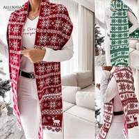 christmas winter new ladies scarf christmas elk snowflake jacquard double sided knitted scarf red green printed shawl women