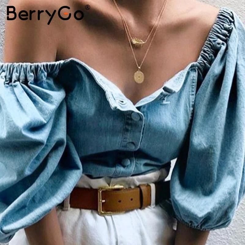 BerryGo Сексуальная джинсовая Блуза на пуговицах для женщин Винтажная квадратная
