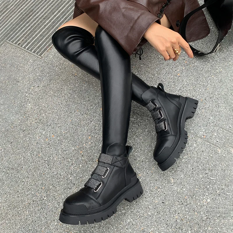 

FEDONAS Fashion Shoes For Women 2021 Winter Genuine Leather Over The Knee Boots Wide Leg Cross Tied Night Club Party High Boots