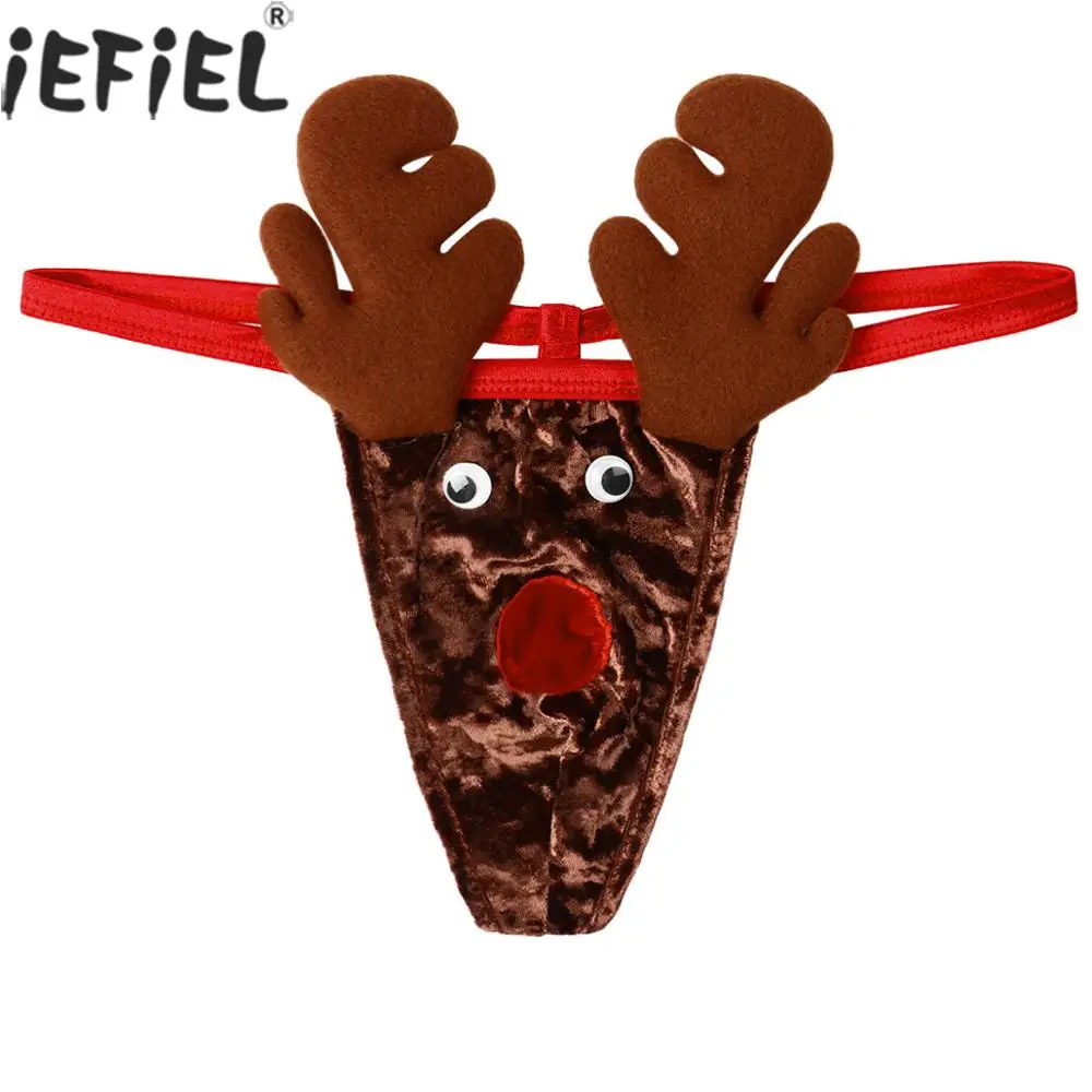 

Men Gay Sexy Underwear Soft Velvet Lingerie Low Rise T-back Novelty Christmas Reindeer Costume Thong Briefs Jockstraps G-String
