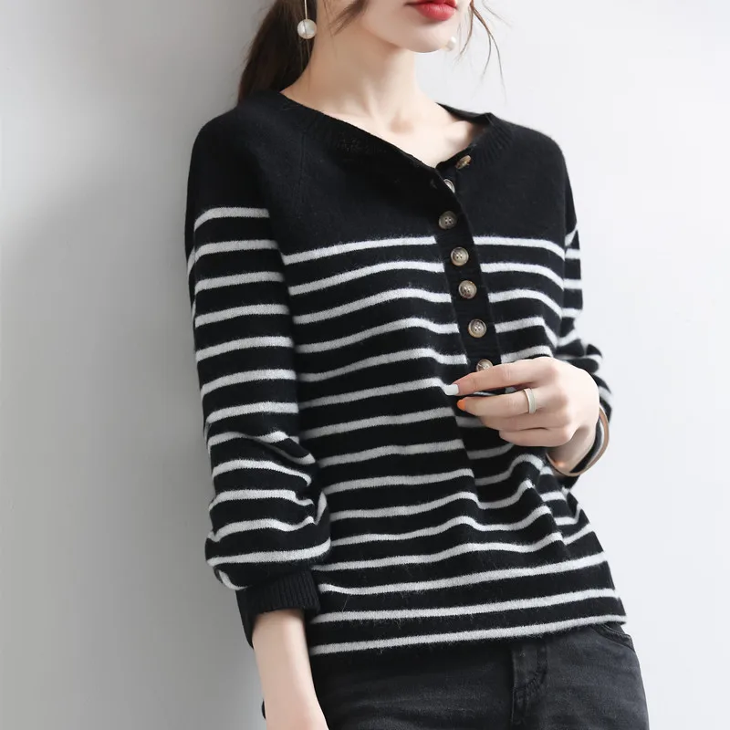 

MVLYFLRT 100% Pure Wool Sweater Women's Spring and Autumn 2021 New Base Striped cashmere Loose Pullover Knitted Sweater O-Neck