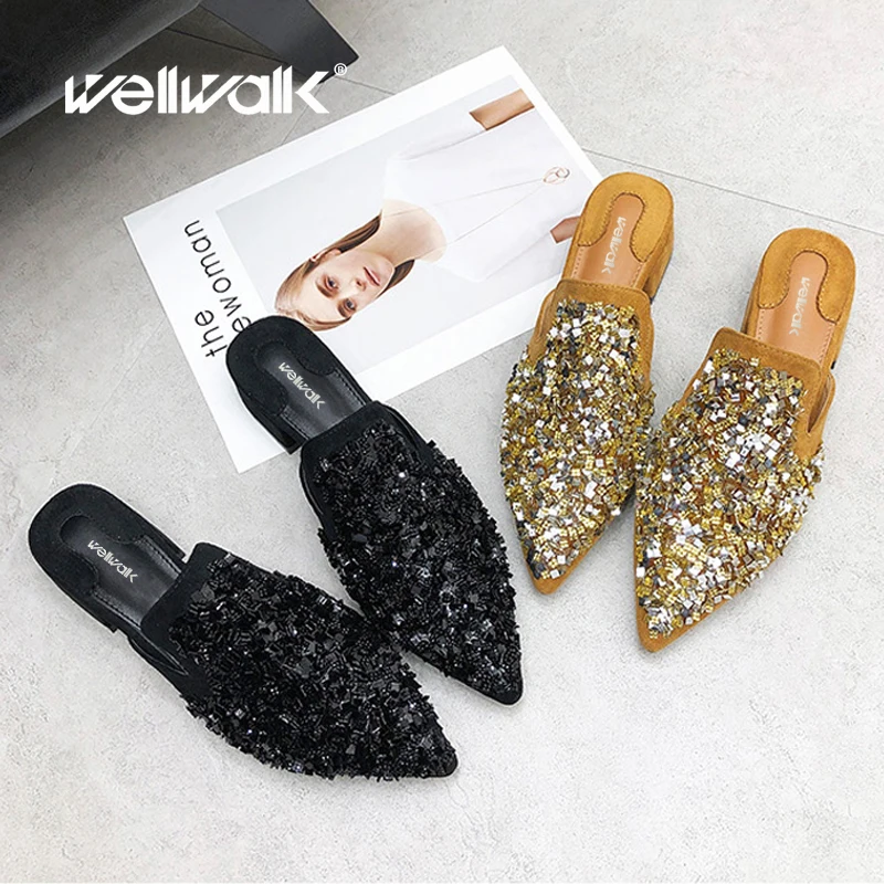 Тапочки мюли ползунки женская обувь на плоской подошве с острым носком шлепанцы