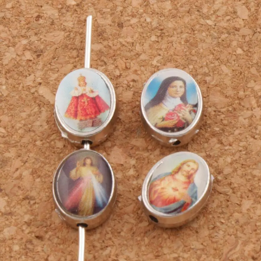 Saint Jesus Maria Oval Spacers Charm Beads 35pcs Zinc Alloy Fashion Jewelry Findings L1674 10x8mm