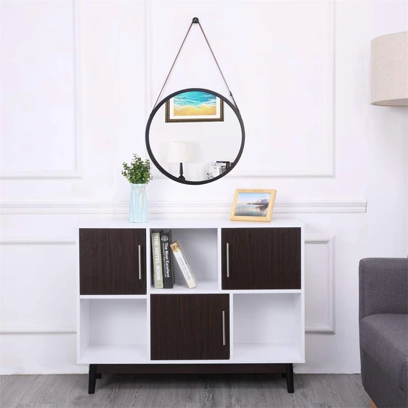 

Hanging Round Wall Mirror in Bathroom & Bedroom - Solid Bamboo Frame & Adjustable Leather Strap