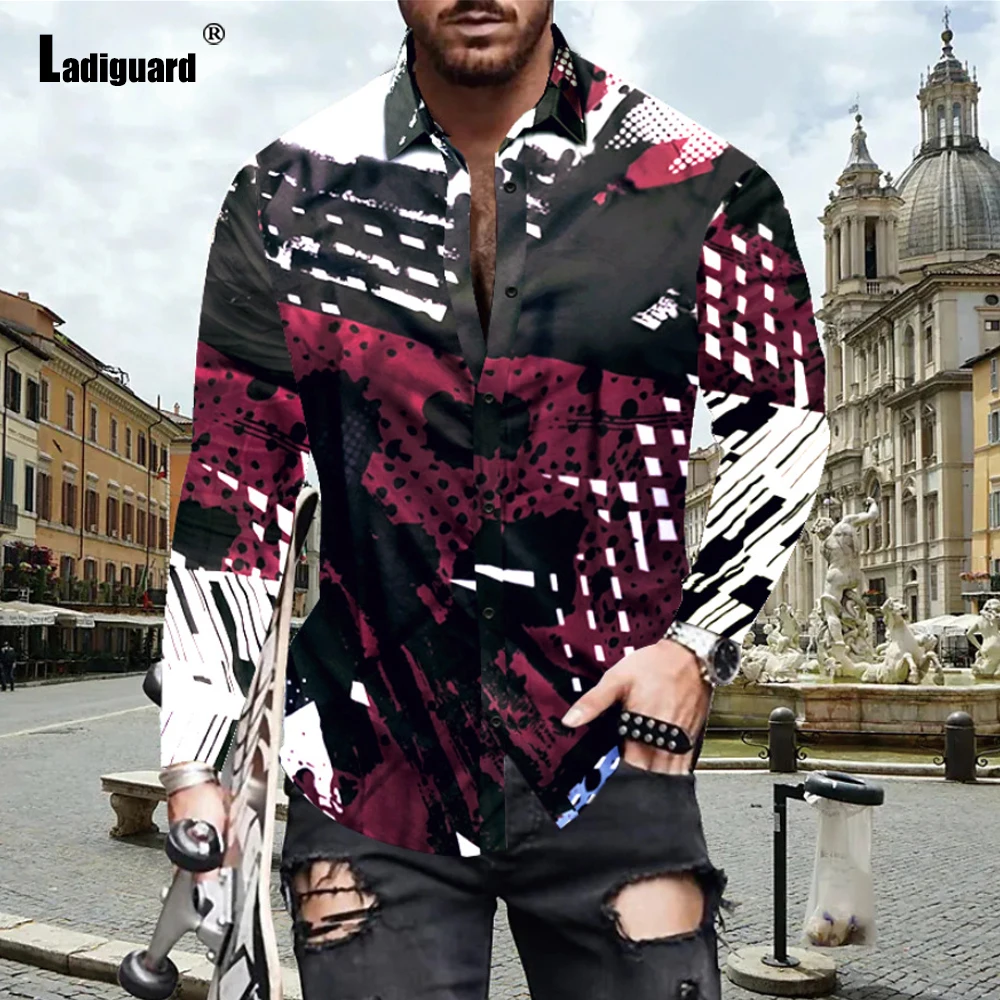 

Sexy men clothing ropa hombre blusas 2021 Lepal Collar Basic Top Streetwear Long Sleeve Model Fashion 3D Print Mens Blouse Homme
