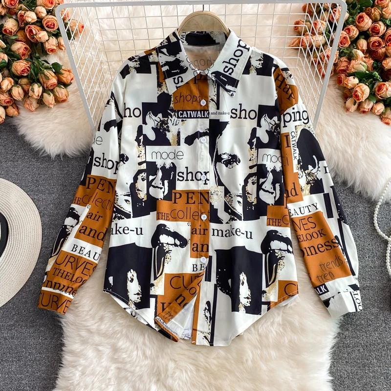 

YIZZHOY Spring Autumn New Loose Versatile Retro Printed Personalized Top Fashion Single Breasted Long Sleeved Women Shirt