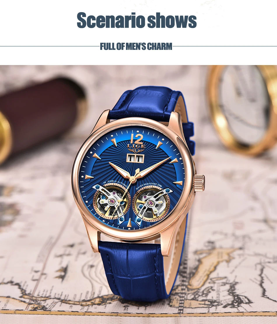 Reloj Hombres LIGE, мужские часы с двойным турбийоном и кожаным ремешком, Топ бренд, Роскошные автоматические механические Спортивные часы, мужские наручные часы