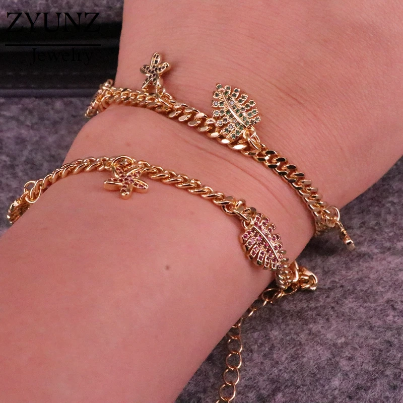 

4PCS, Handmade Micro Paved CZ Flower and Leaves Charms Adjustable Chain Bracelets For Women Girls Jewelry Gift