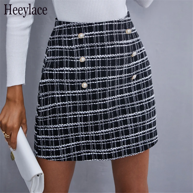 

New 2021 Spring Autumn Women Skirt High Waist Buttons Sexy A-Line Checkered Vintage Package Hip Mini Skirts