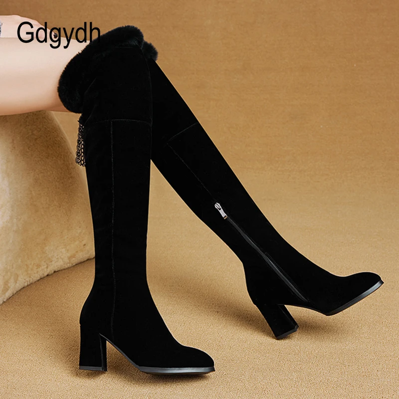 Gdgydh New Arrival Women Over The Knee Boots Winter With Fur Natural Thick Heel Warm Shoes Female Zipper Pointed Toe | Обувь