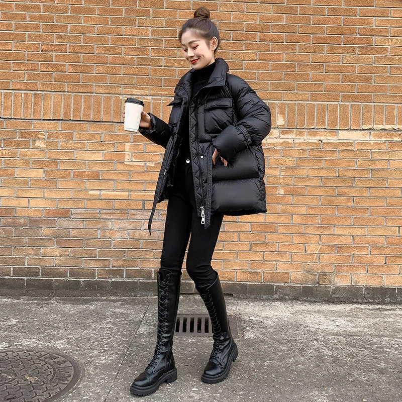 

Женское зимнее пуховое пальто, черная модная короткая куртка на молнии с ремнем, горячая распродажа