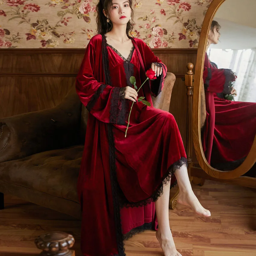 

2Pcs/Set Velvet Gown Dress Robe Women Winter Long Sleeve Homewear Lace Sexy Pajamas Sleepwear Plus Size Sexy Nightdress Palace