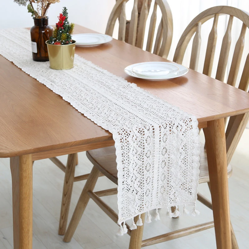 

Country Style Crochet Table Runner Hollow Lace Tablecloth With Tassel Beige Rectangle Table Cover With Waves Lace Home Decor