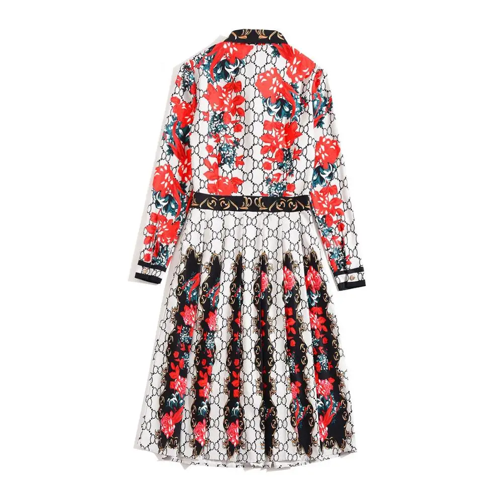 Осеннее женское платье с бантом и принтом 2019 Новое высококачественное весеннее