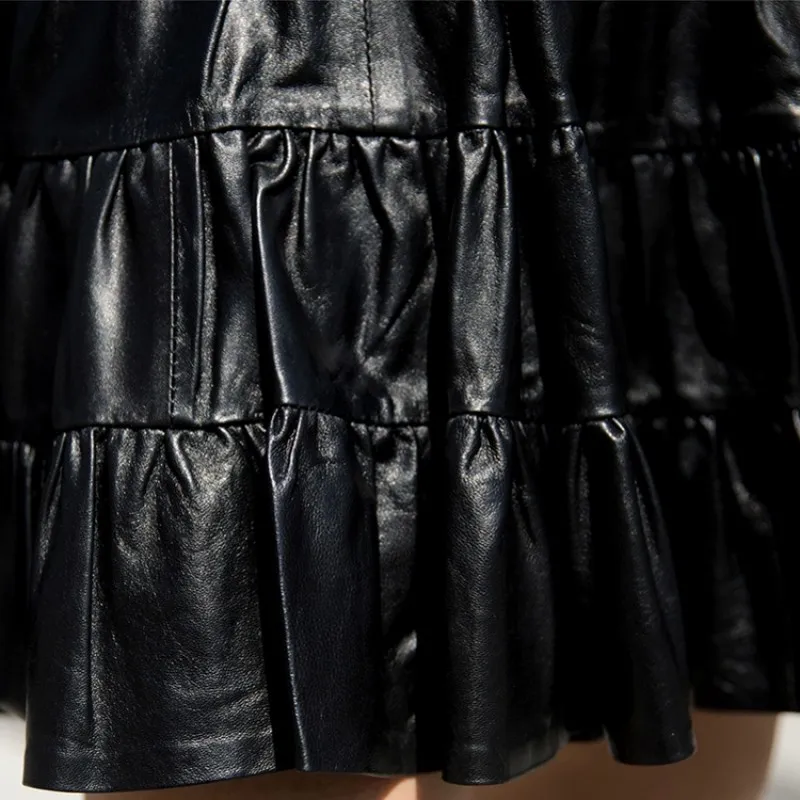 

Genuine Leather Pleated Skirts Women 2021 Spring Summer New High Waist Black Sheepskin Real Leather Sexy Mini A-Line Skirts Lady