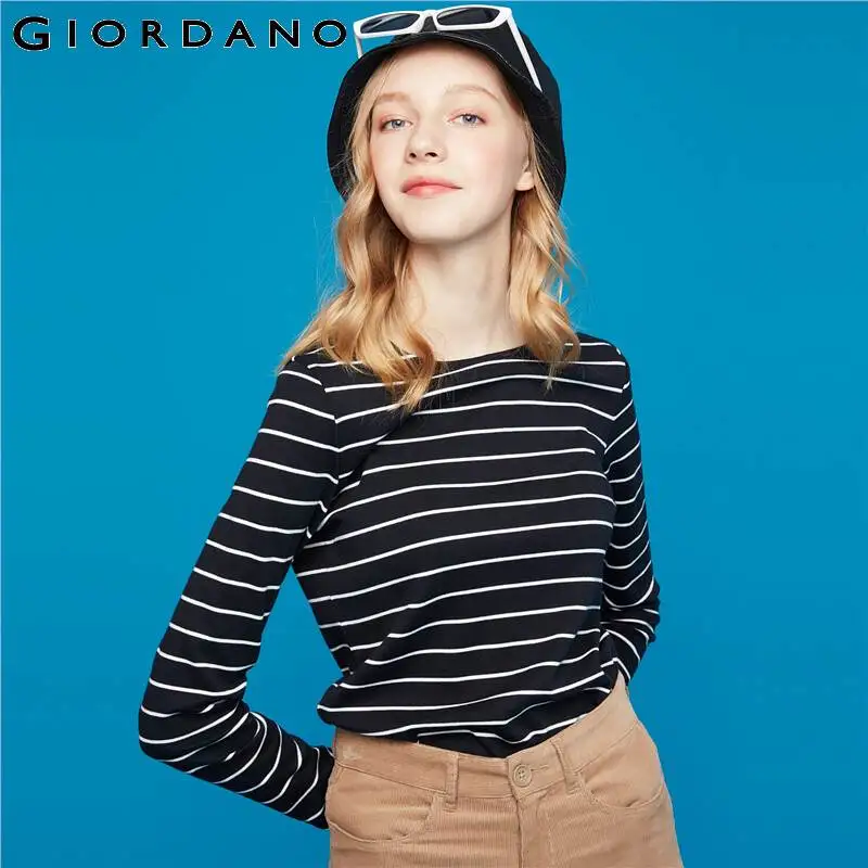 Giordano Женская Футболка женская хлопковая футболка с длинным рукавом Тонкая полосатая черная женская футболка De Moda 05329799