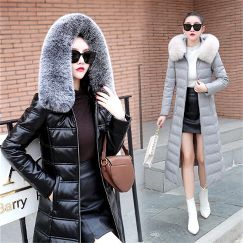 High Quality Fox Fur Collar Sheepskin Leather Long Coats 2022 Winter Women Down Coats Hoodeis White Duck Slim Ladies Down Coats