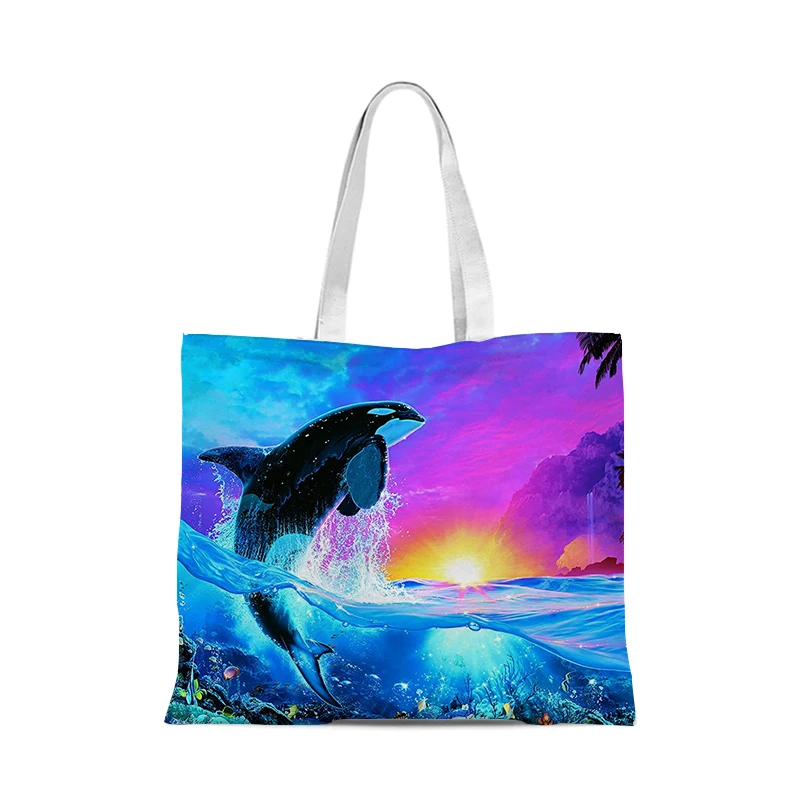 

Ocean Dolphin Cotton Linen Handbag Fashion Shoulder Bag Ladies Leisure Eco Shopping High Quality Foldable Handbag