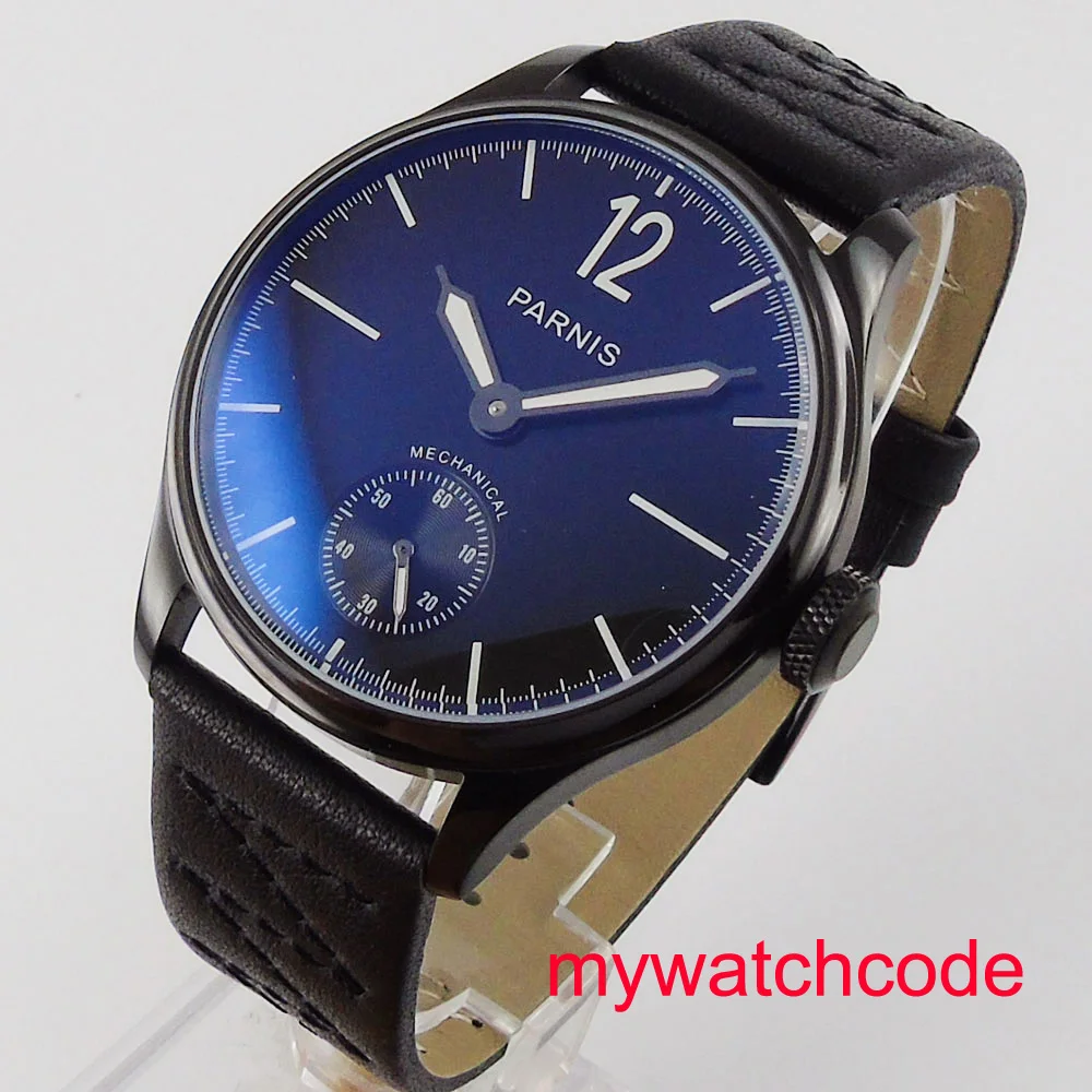 44 мм Parnis синий циферблат черный кожаный ремешок из нержавеющей стали чехол для