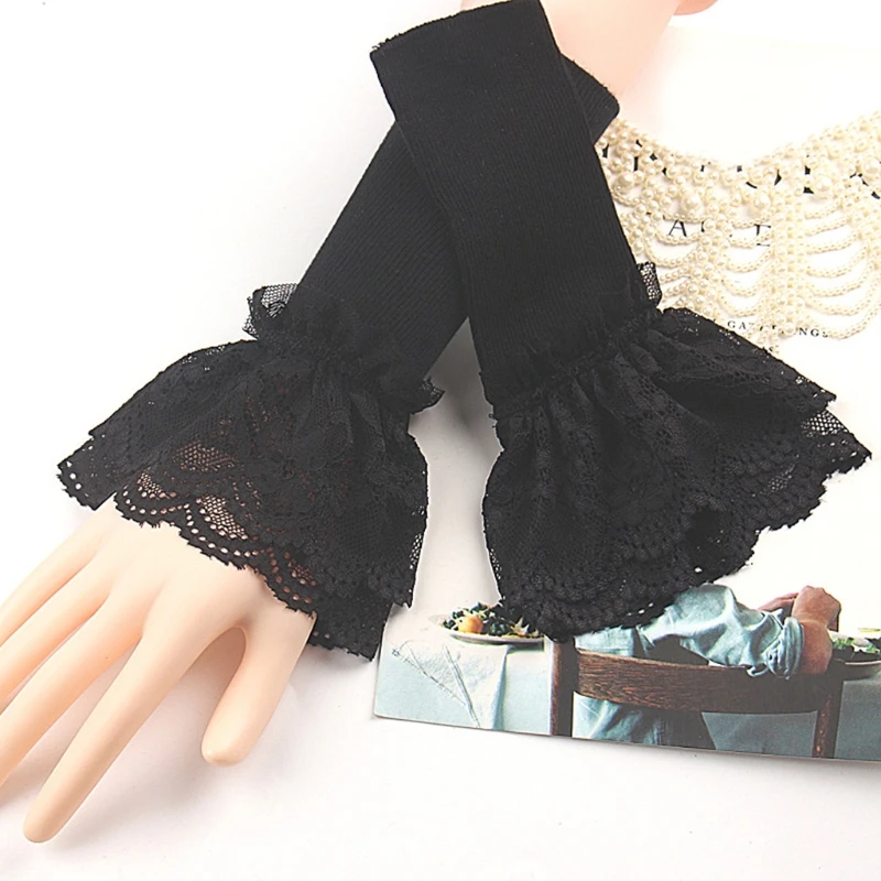 

Women Double Layer Ruffles Lace Patchwork Arm Warmers Knitted Fingerless Gloves X5XA