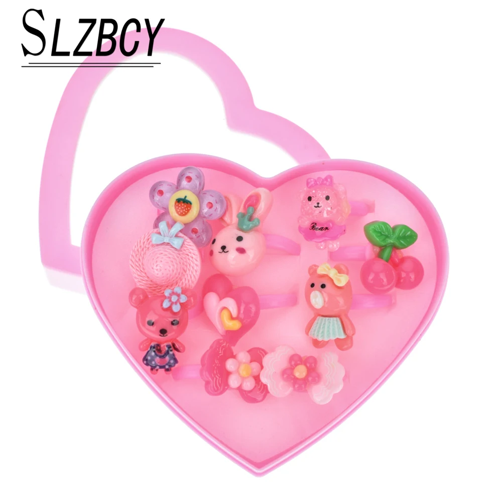 10 шт./лот Акриловые Детские кольца в виде животных с коробкой форме сердца