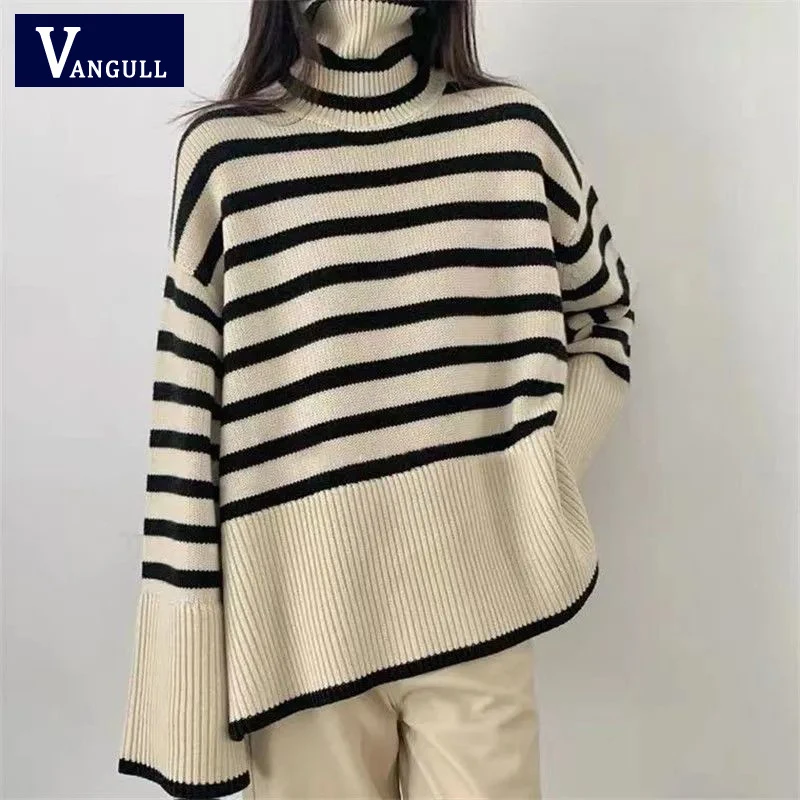 

Vangull Black White Stripe Women Sweater Streetwear Loose Pullovers Female Jumper Long Sleeve Turtleneck Knitted Ribbed Sweaters
