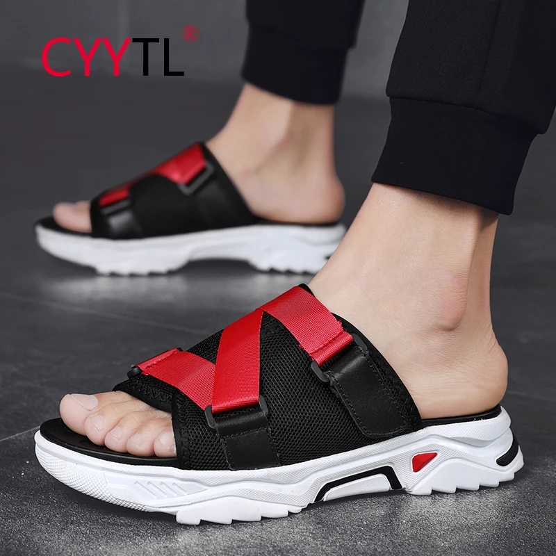 

CYYTL High Quality New Design Men's Fashion Summer Slippers Hot Solid Color Leather Flat Sandals Casual Patchwork Flip Flops