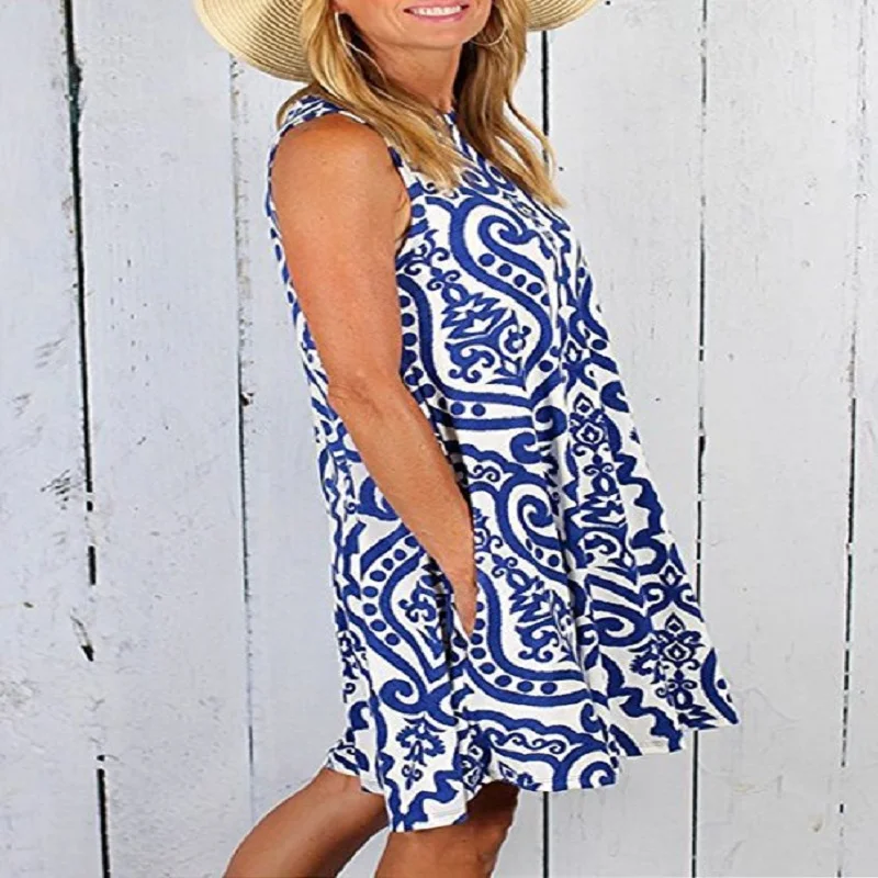 

New Summer 2021 Women's Sleeveless Round Neck Pocket Lace Long Dress