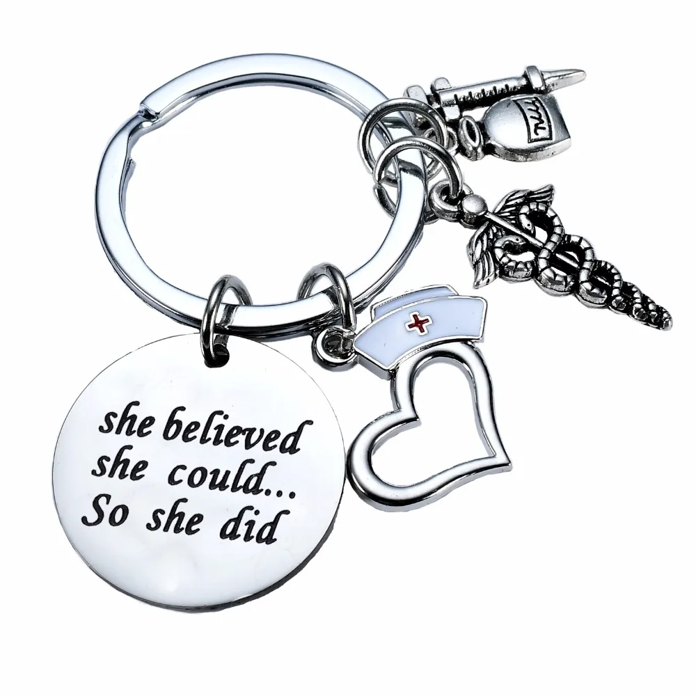 

She Believed She Could So She Did Stethoscope Syringe Charms Keychain for Doctor Nurse Physicians Medical Keyring Gifts