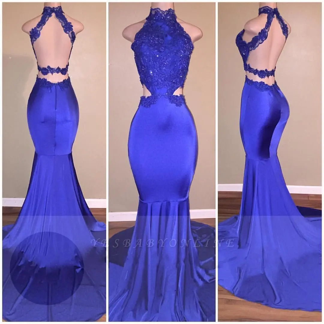 

FATAPAESE Halter High Neck Prom Dresses Mermaid Blue Mermaid Sleeveless Formal Evening Gowns Backless Cross Straps Vestido Gala