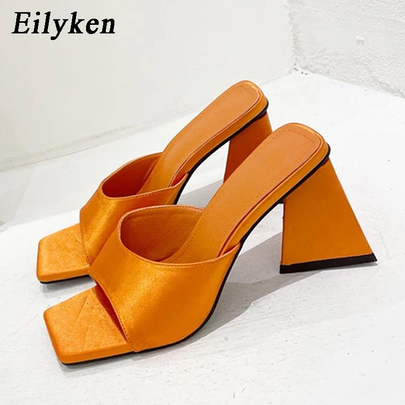

Eilyken 2022 New Fashion Orange Green Square Head Slippers For Women Triangle Thick High Heels Party Shoes Slides Sandals