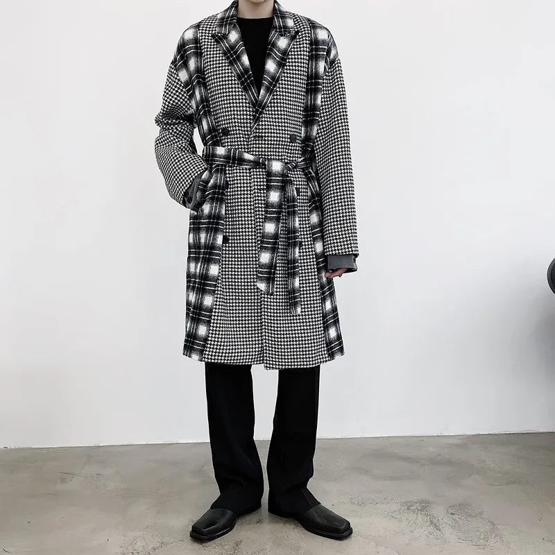 

Male Streetwear Vintage Casual Trench Jacket Overcoat Men Houndstooth Splice Plaid Long Loose Woolen Trenchcoat Outerwear