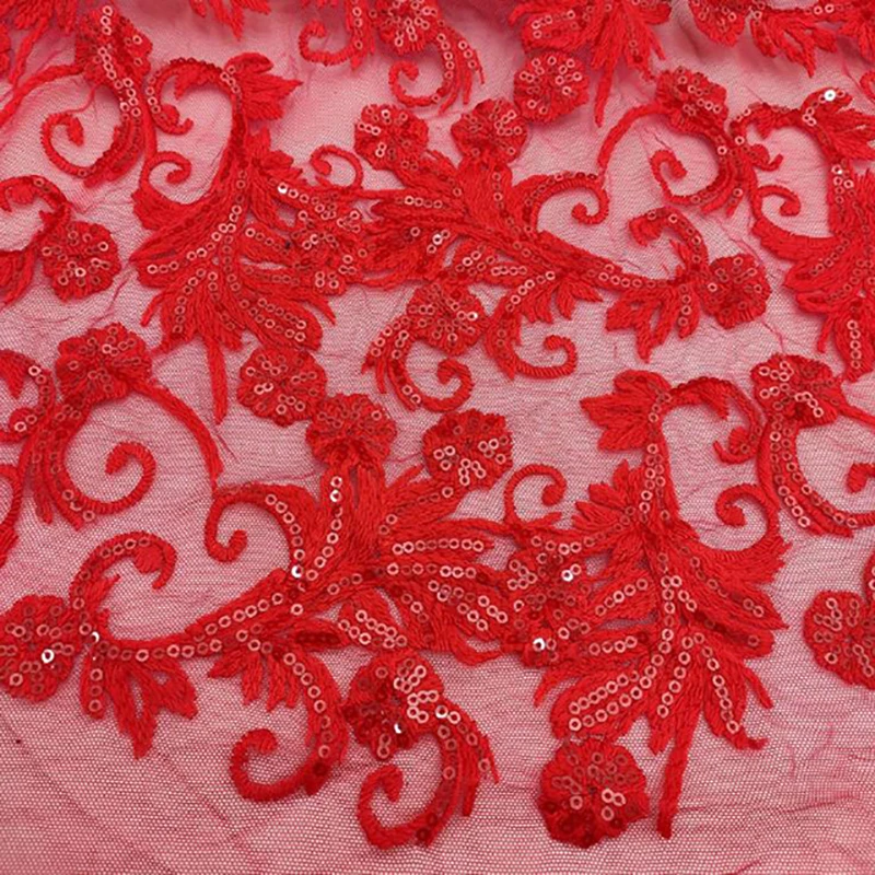 

Best Selling Bridal Wedding Dress Red Mesh Sequin Embroidery Milk Silk Lace Fabric red wedding dress lace fabric MF68