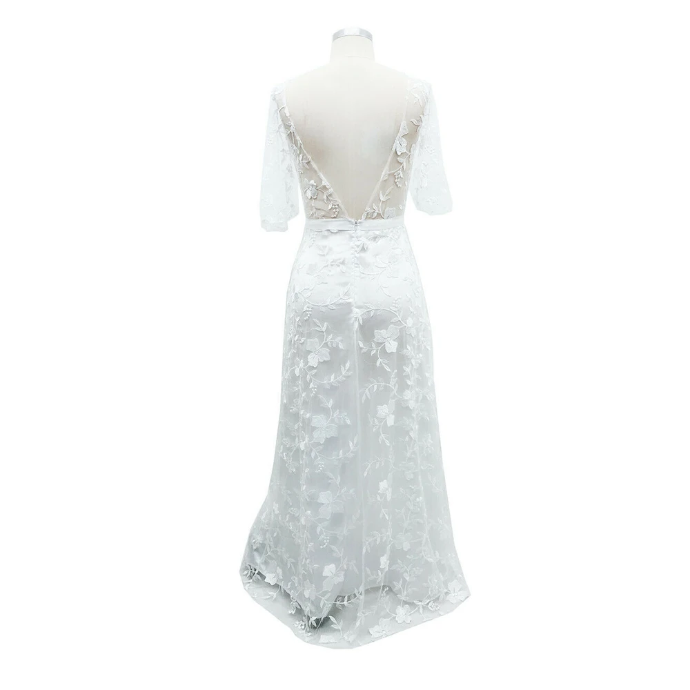 Платье женское кружевное с V-образным вырезом длинное вечернее коротким рукавом