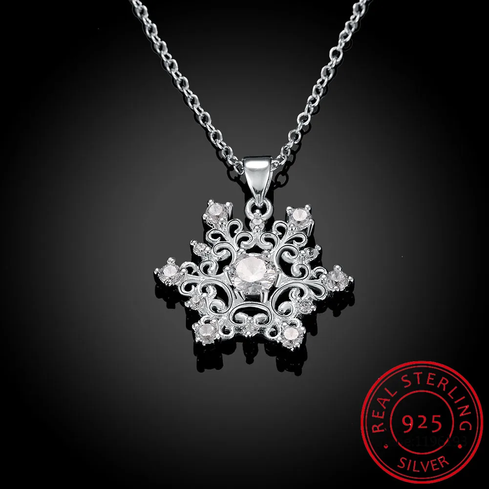 

925 Sterling Silver Rhinestone Snowflake Pendants&Necklaces Pure Sterling Silver 925 Chain Necklace kolye Colar Fine Jewelry