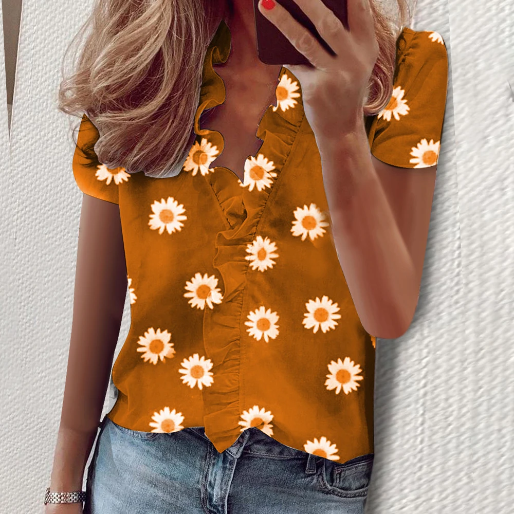 

Fashion Ruffles Women Shirt Sexy V Neck Long Sleeves Ladies Pullover Streetwear Casual Solid Color Female Blouses