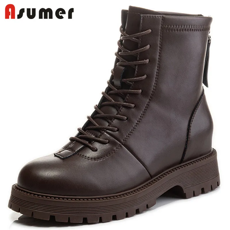 

Asumer 2022 New Arrive Short Boots Women Genuine Leather Boots Cross Tied Zip Flat Shoes Comfortable Vintage Ankle Boots Women