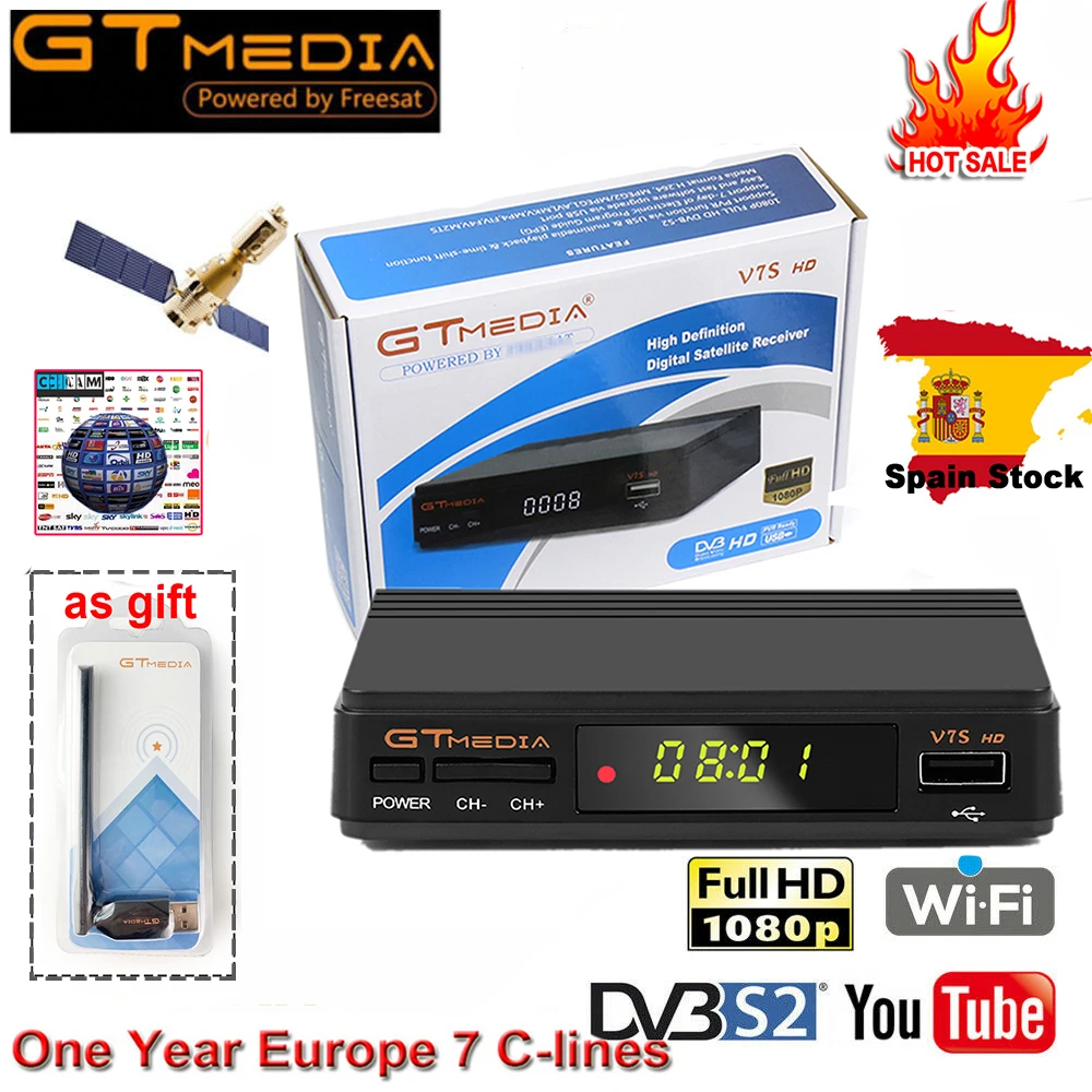 FTA DVB S2 спутниковый ТВ приемник Gtmedia V7S HD 1080P с USB wifi Поддержка YouTube 1 год Cccam cline free power