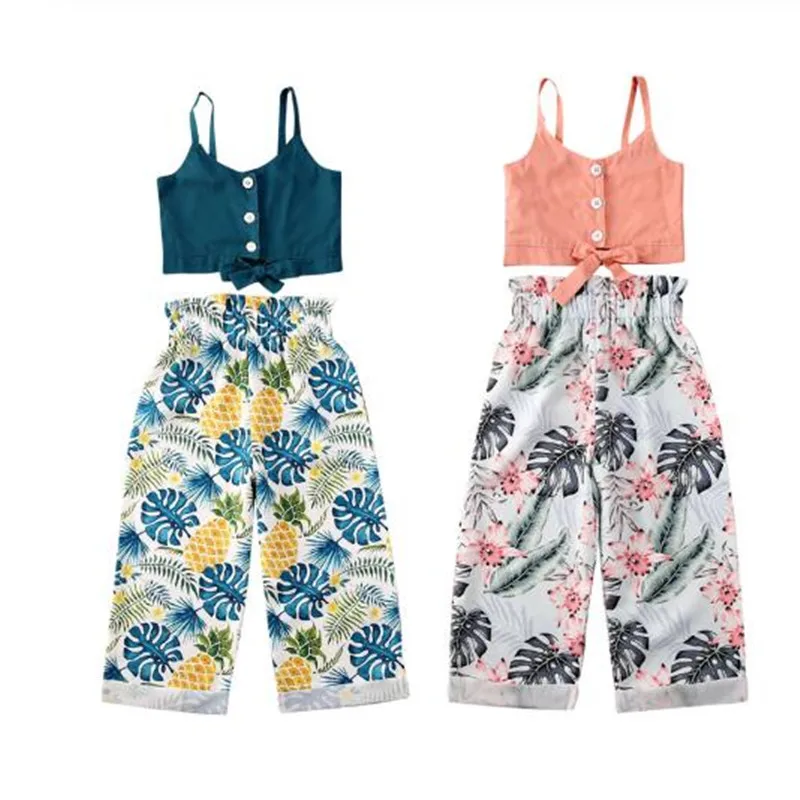 

1-5Years Newborn Baby Girl Cotton Clothes Set Summer Kid Sling Girls Crop Top Floral Print Pants Holiday Summer Clothes 2Pcs Set