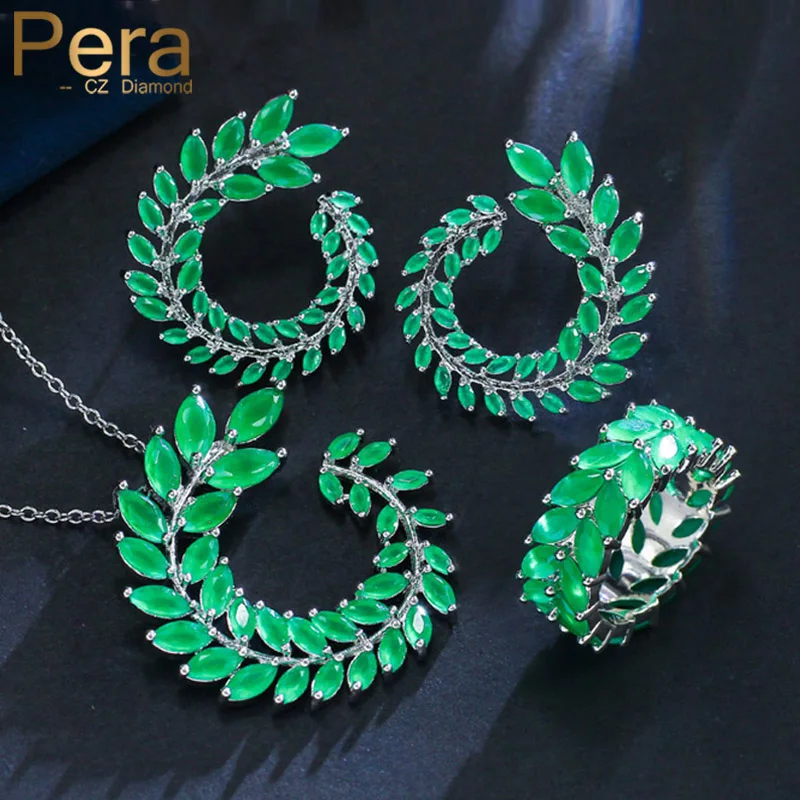 

Pera Brand New Fashion White Gold Big Leaf Shape Green Cubic Zirconia Pendant Necklace Earrings Ring Set for Women Party J267