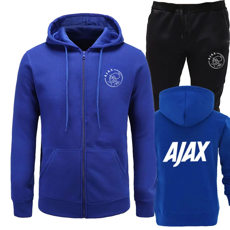 Новинка, спортивный костюм, модные AJAX мужские спортивные толстовки, комплекты из двух предметов, хлопковая флисовая плотная толстовка с капюшоном+ штаны, спортивный костюм для мужчин - Цвет: Black blue