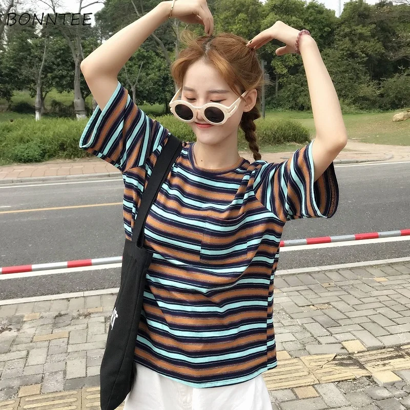 

Женские футболки в полоску Kawaii, уличная футболка, женские Топы Harajuku Ulzzang, свободные, высокая эластичность, дышащая, для отдыха