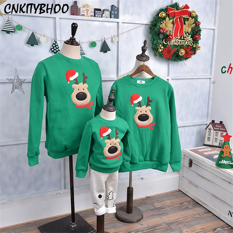 

Family Christmas Sweater 2021 Deer Printed O-Neck Pullovers For Mommy And Me Clothes New Year Family Look Outfits