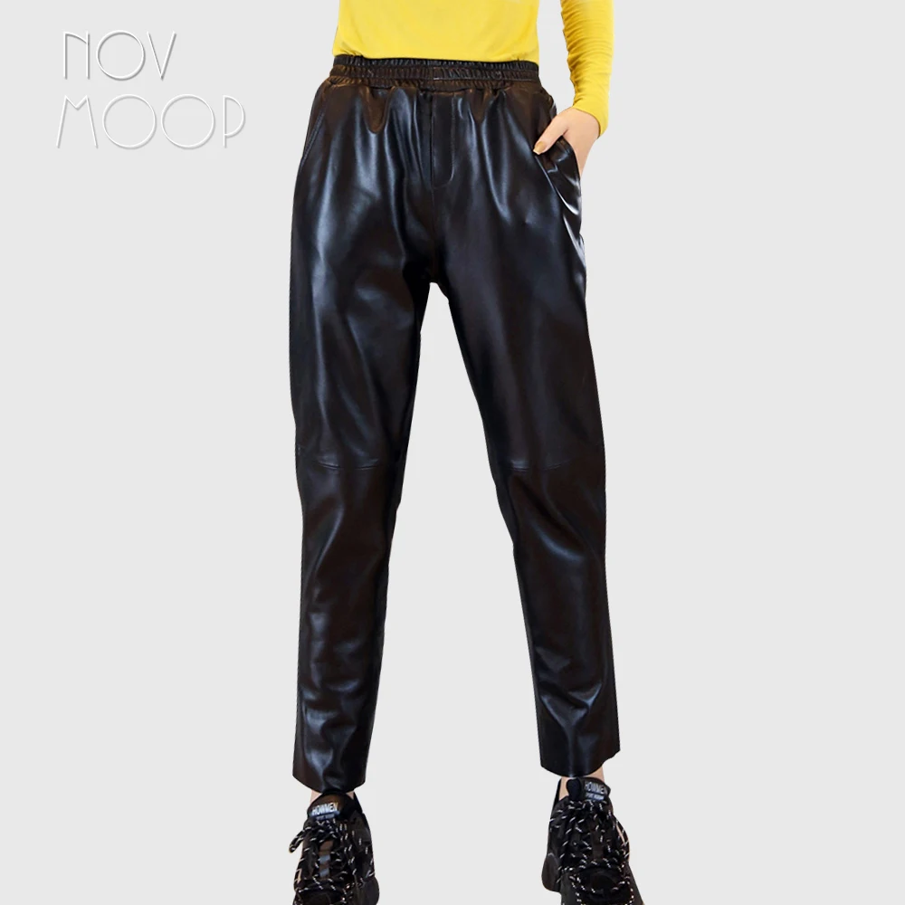 

Novmoop high street style black sheepskin genuine leather pants women elastic waist full length trousers pantalones LT3075